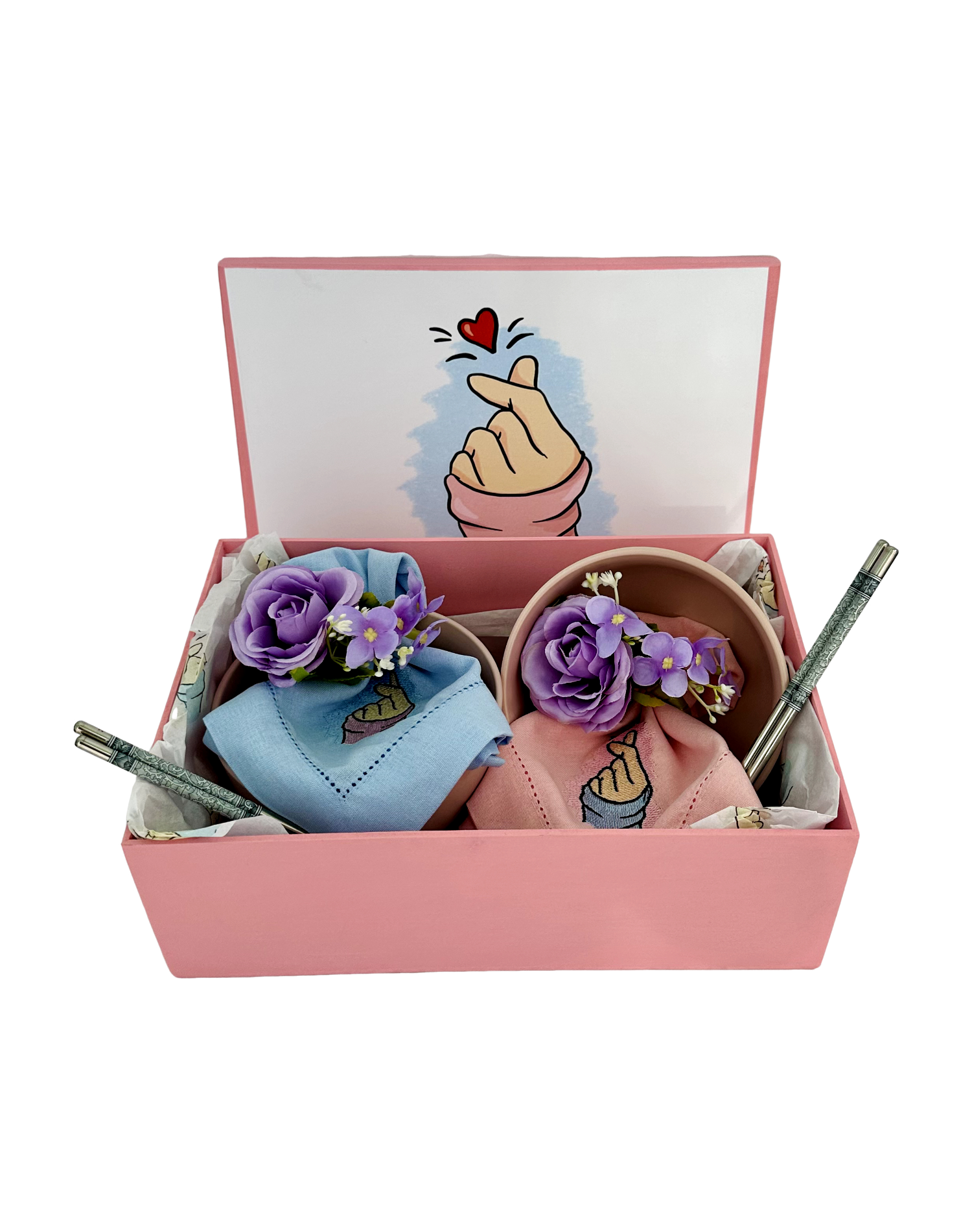 KIT DORAMEIRA C/CAIXA PERSONALIZADA MDF 2 BOWLS ROSA E 2 GUARDANAPOS C/ FLOR ROSA - DBL - DBL
