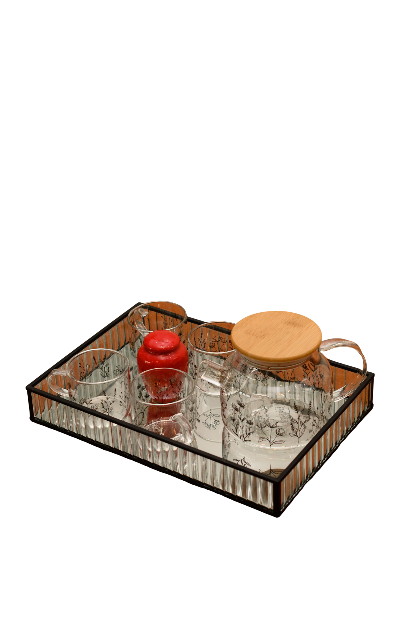 KIT COREANO CHALEIRA VIDRO TAMPA EM BAMBU CANECA DE VIDRO ESTAMPA FLOR PRETA C/ BANDEJA METAL  ESPELHADA 07PÇS – DBL