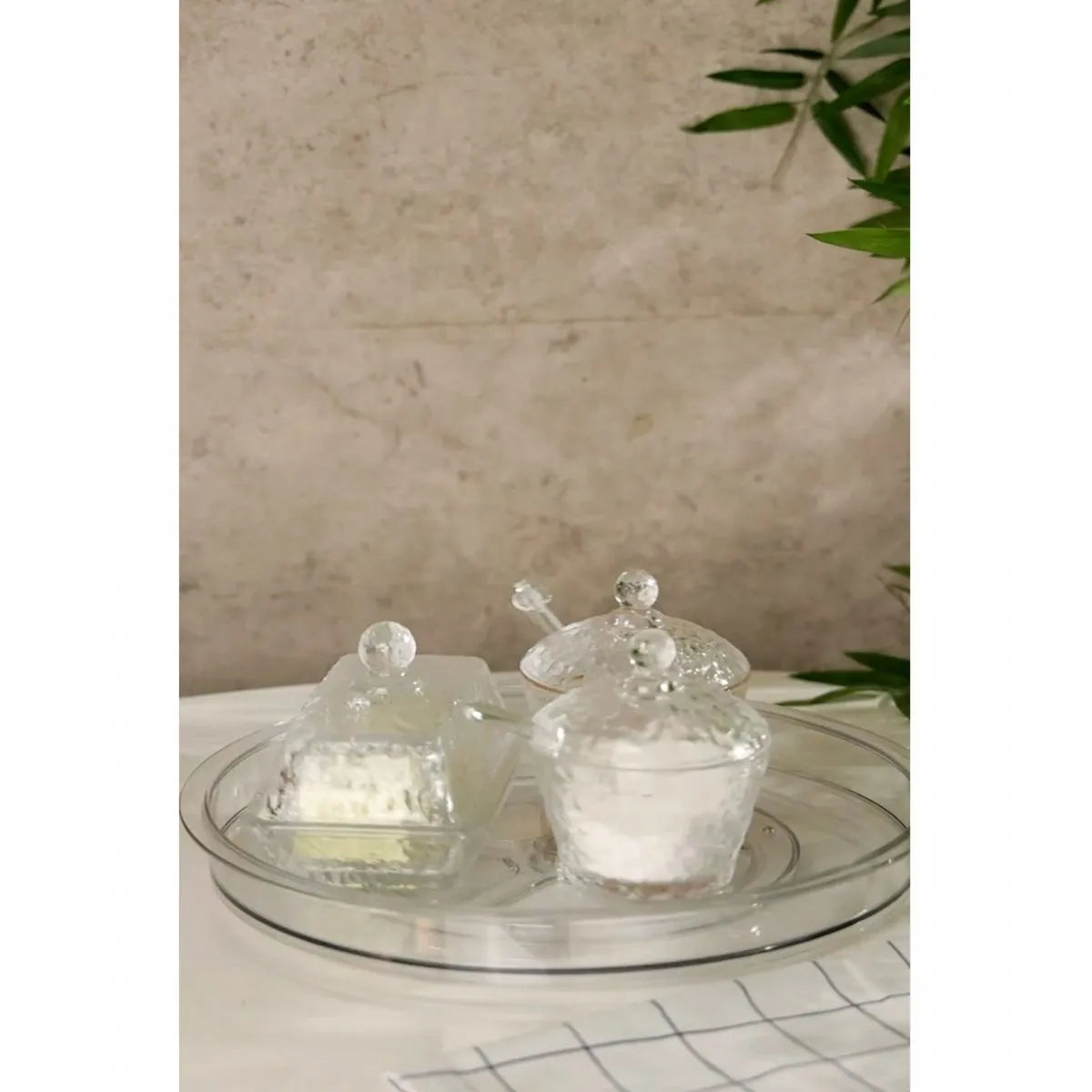 AÇUCAREIRO DE CRISTAL MARTELADO C/COLHER E TAMPA PEDRA 11X10CM - LYOR