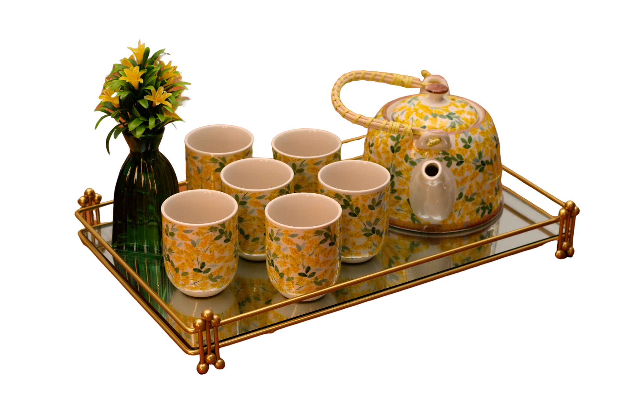 KIT COREANO BULE DE CERÂMICA COPO FLOR DE CEREJEIRA AMARELO C/ BANDEJA ESPELHADA 09PÇS - DBL