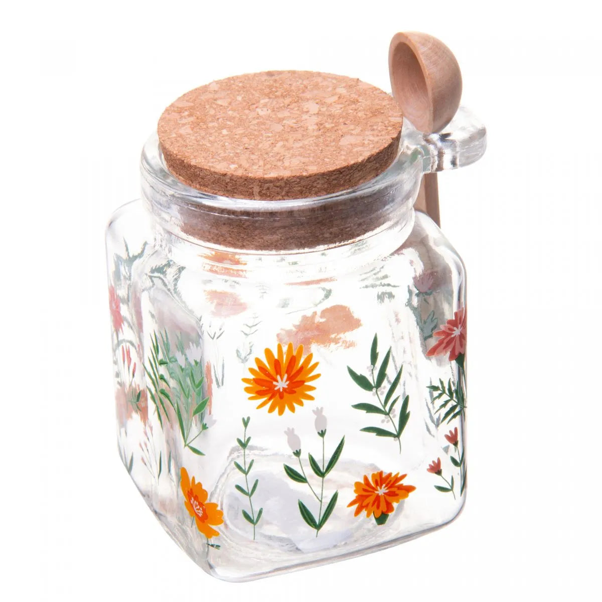 POTE QUADRADO DE VIDRO COM TAMPA E COLHER DE BAMBU FLORA 270ML - LYOR