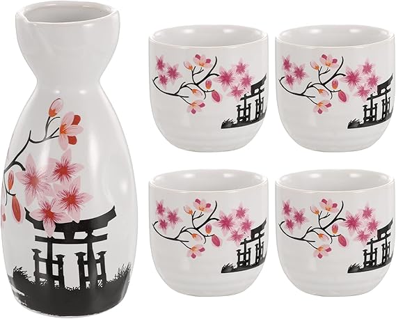 KIT COREANO SOJU BRANCO C/ FLORES ROSAS DETALHES EM PRETO DBL - 5PÇS