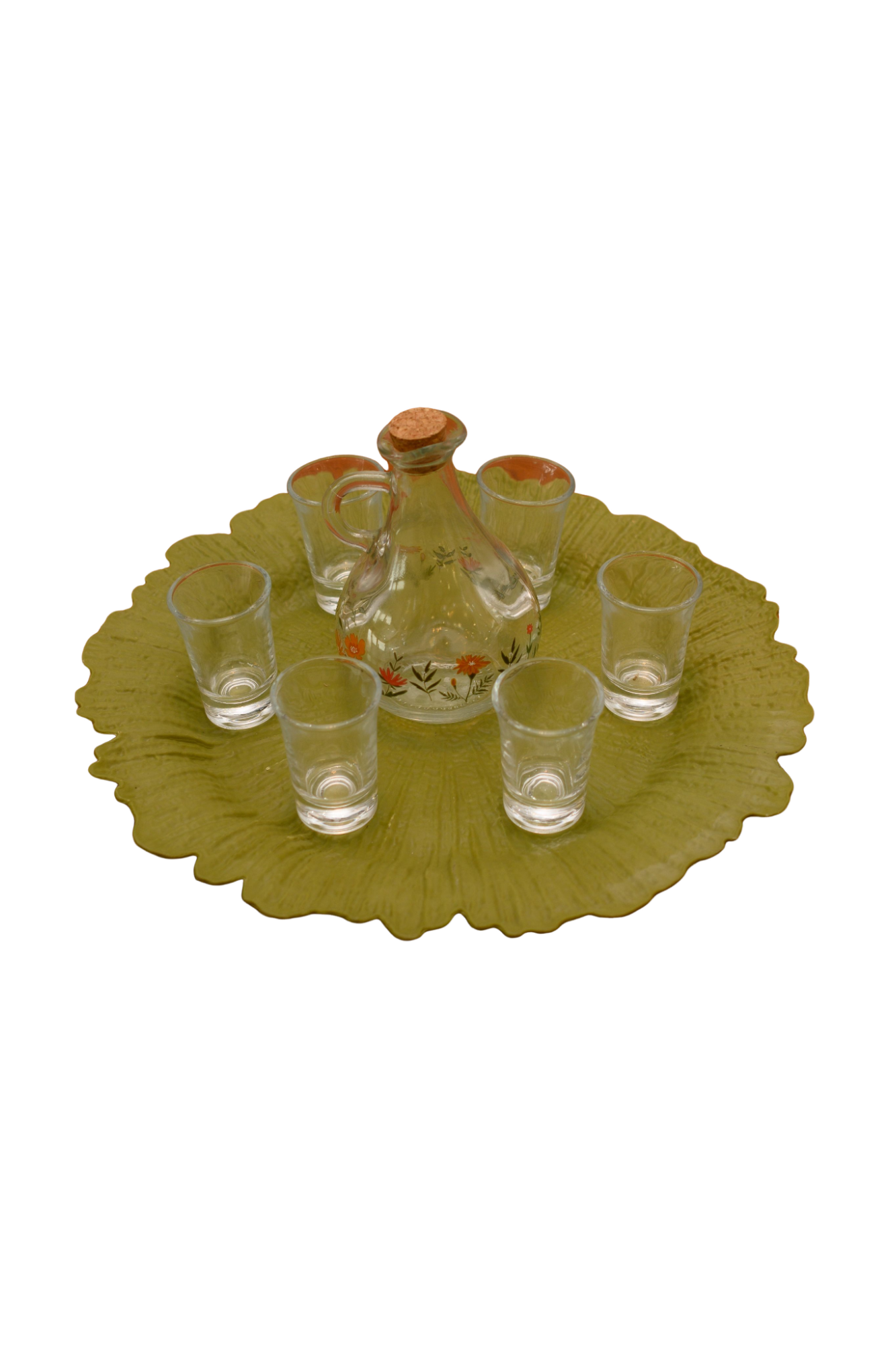 KIT DORAMA COPO SHOT VIDRO TRANSPARENTE GARRAFA COM TAMPA ROLHA FLORAL E SOUPLAST VERDE 08PÇS - DBL