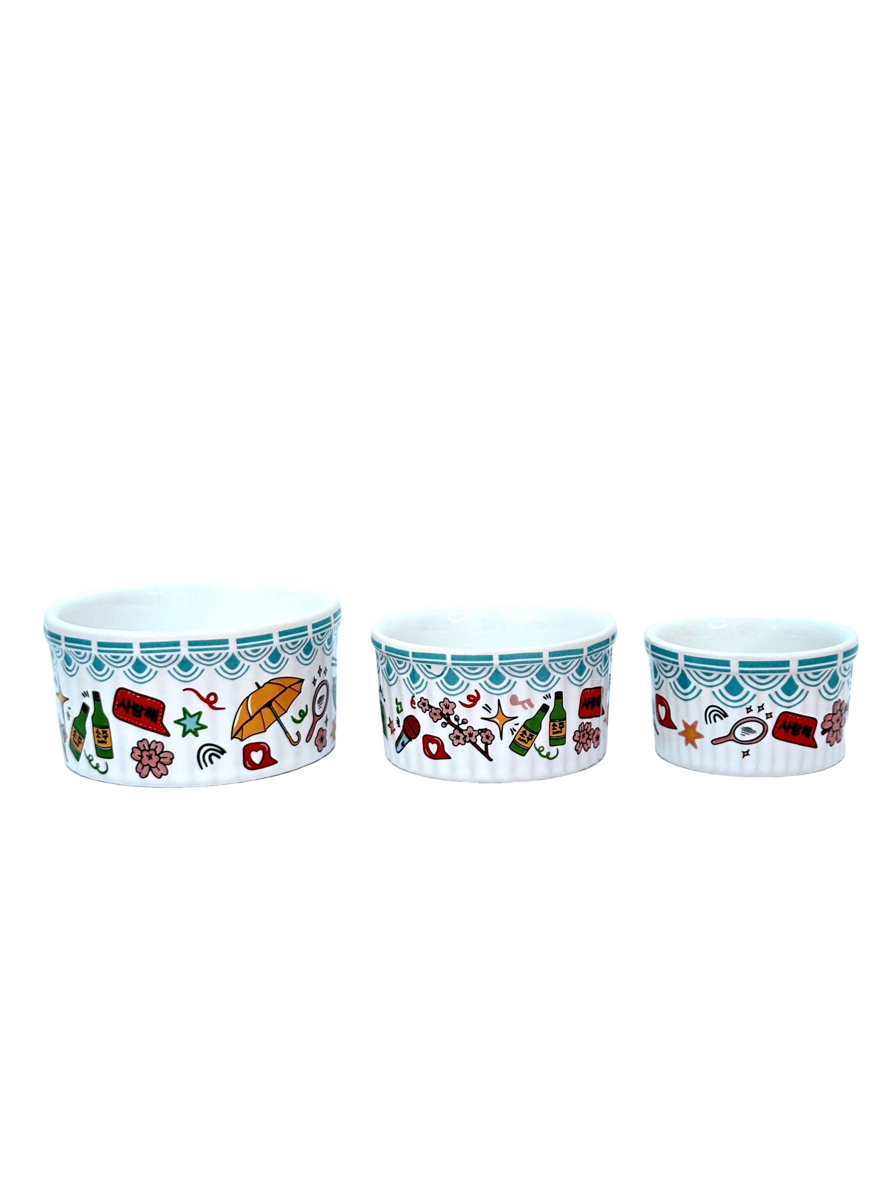 KIT 3 RAMEQUIM COREANO CERÂMICA DETALHE AZUL C/ ESTAMPA DE FLORES SHIMIDT 50/100/150ML - DBL