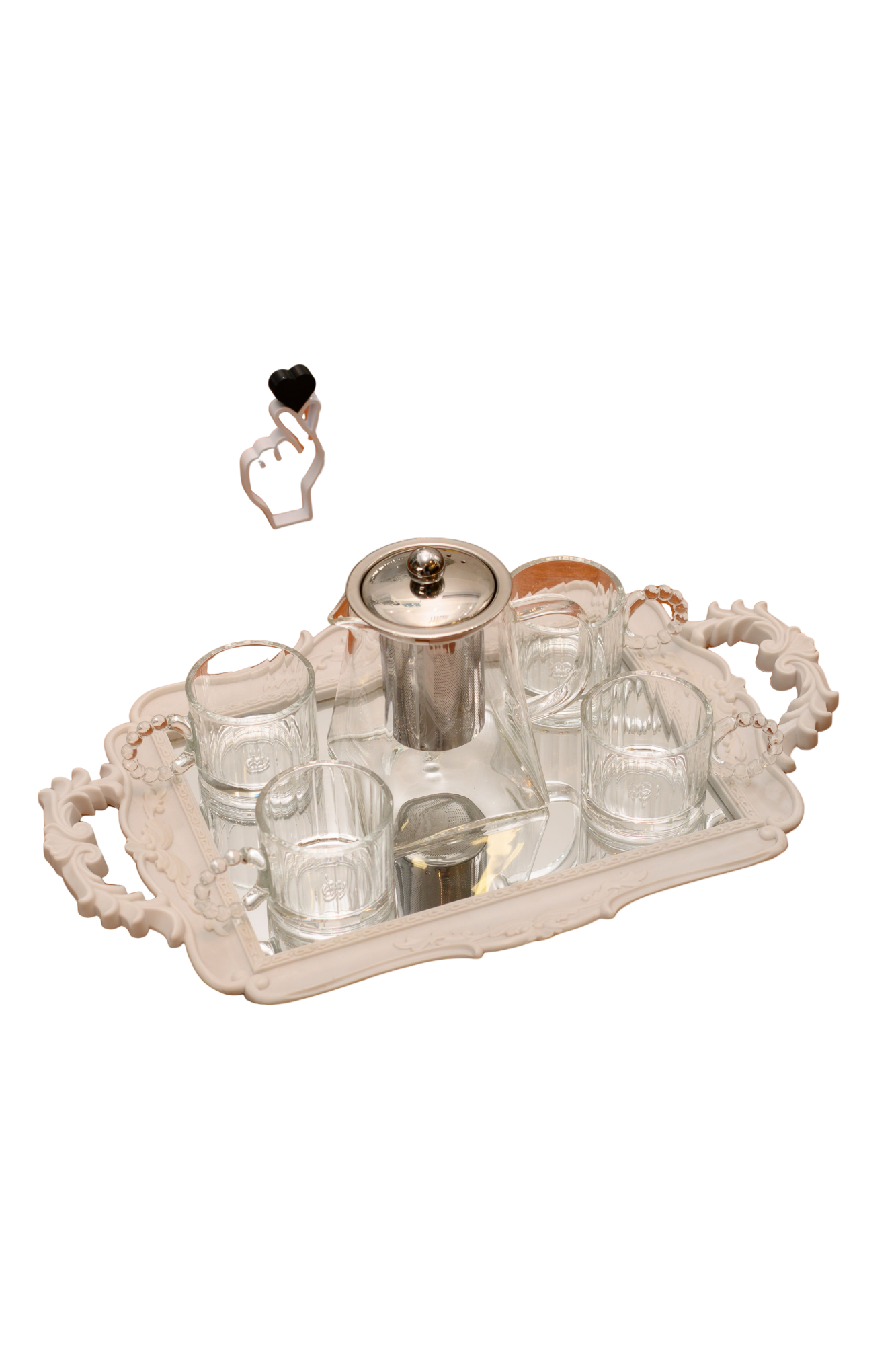 KIT COREANO CHALEIRA VIRO BOROSSILICATO C/ INFUSOR XICARAS VIDRO E BANDEJA PROVENÇAL EM PLÁSTICO ESPELHADA 07PÇS – DBL