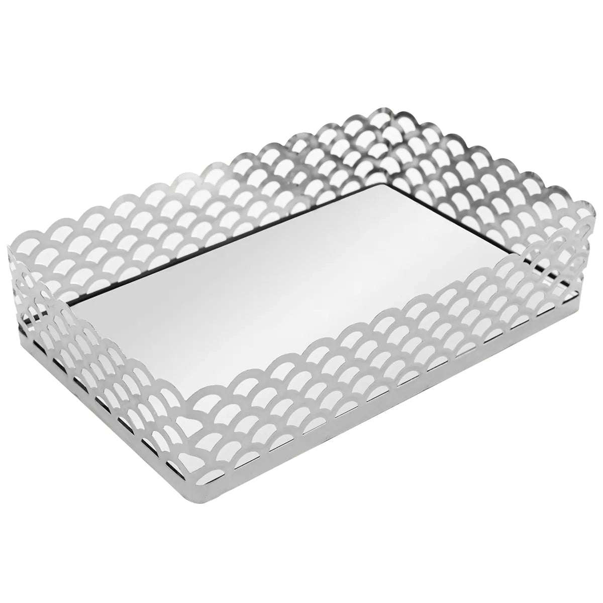 BANDEJA DE METAL COM ESPELHO ARLES PRATEADA 21CM X 13CM X 5CM - LYOR