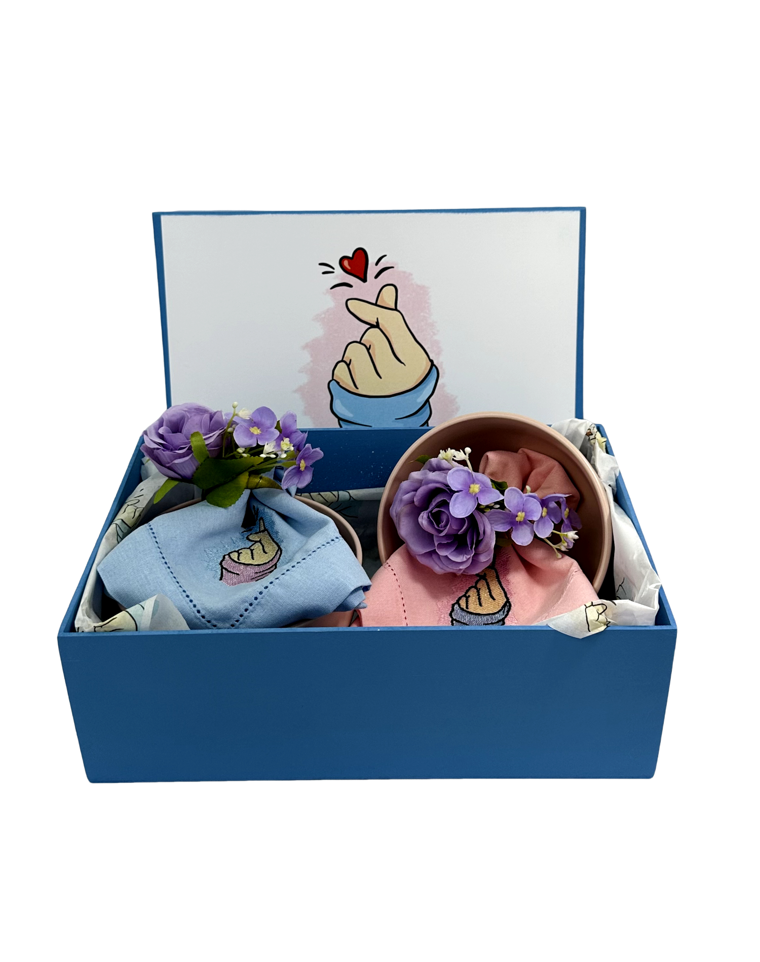 KIT DORAMEIRA C/CAIXA PERSONALIZADA MDF 2 BOWLS ROSA E 2 GUARDANAPOS C/ FLOR AZUL - DBL - DBL
