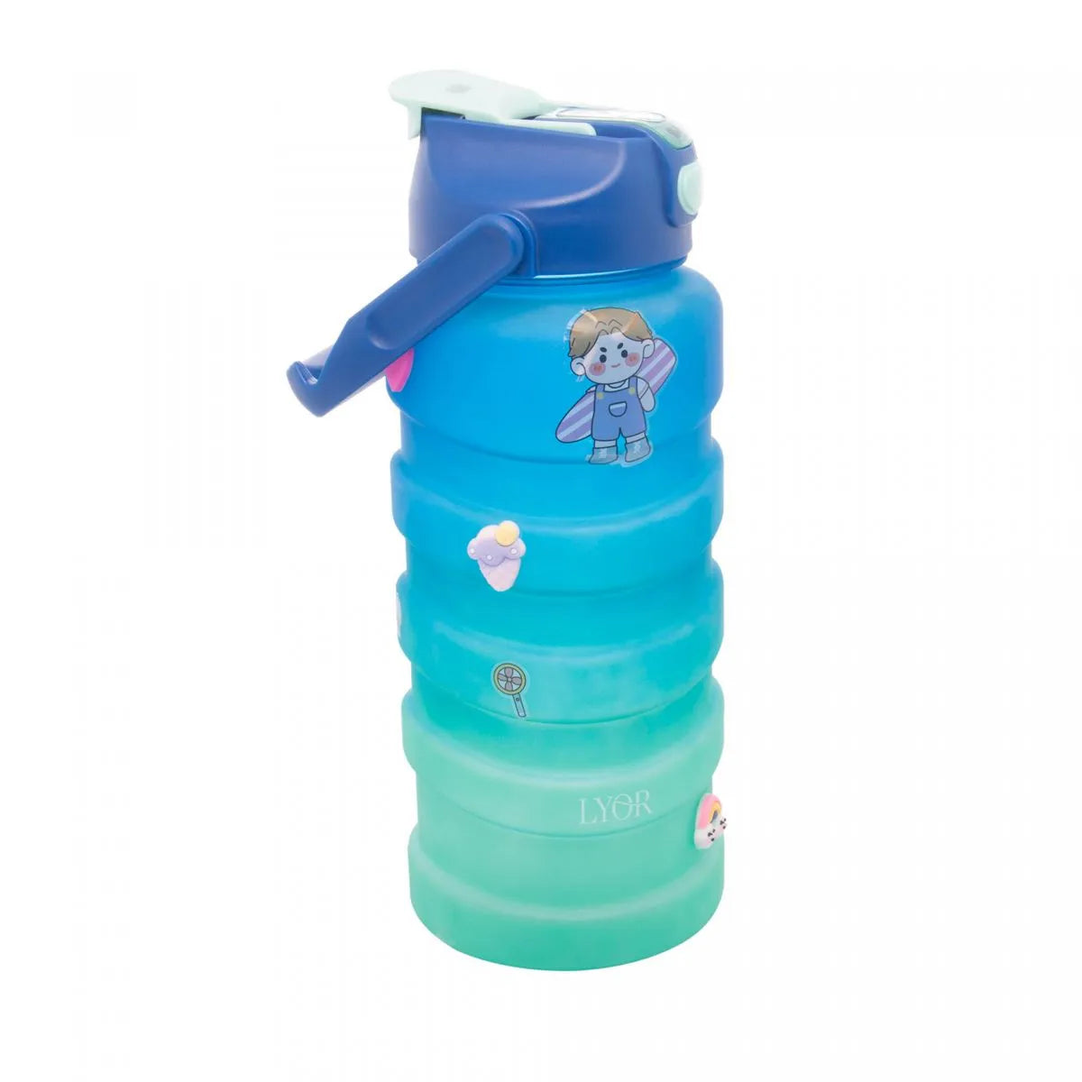 GARRAFA SQUEEZE DE POLICARBONATO WAVE AZUL E VERDE COM CARTELAS DE ADESIVOS 2L - LYOR