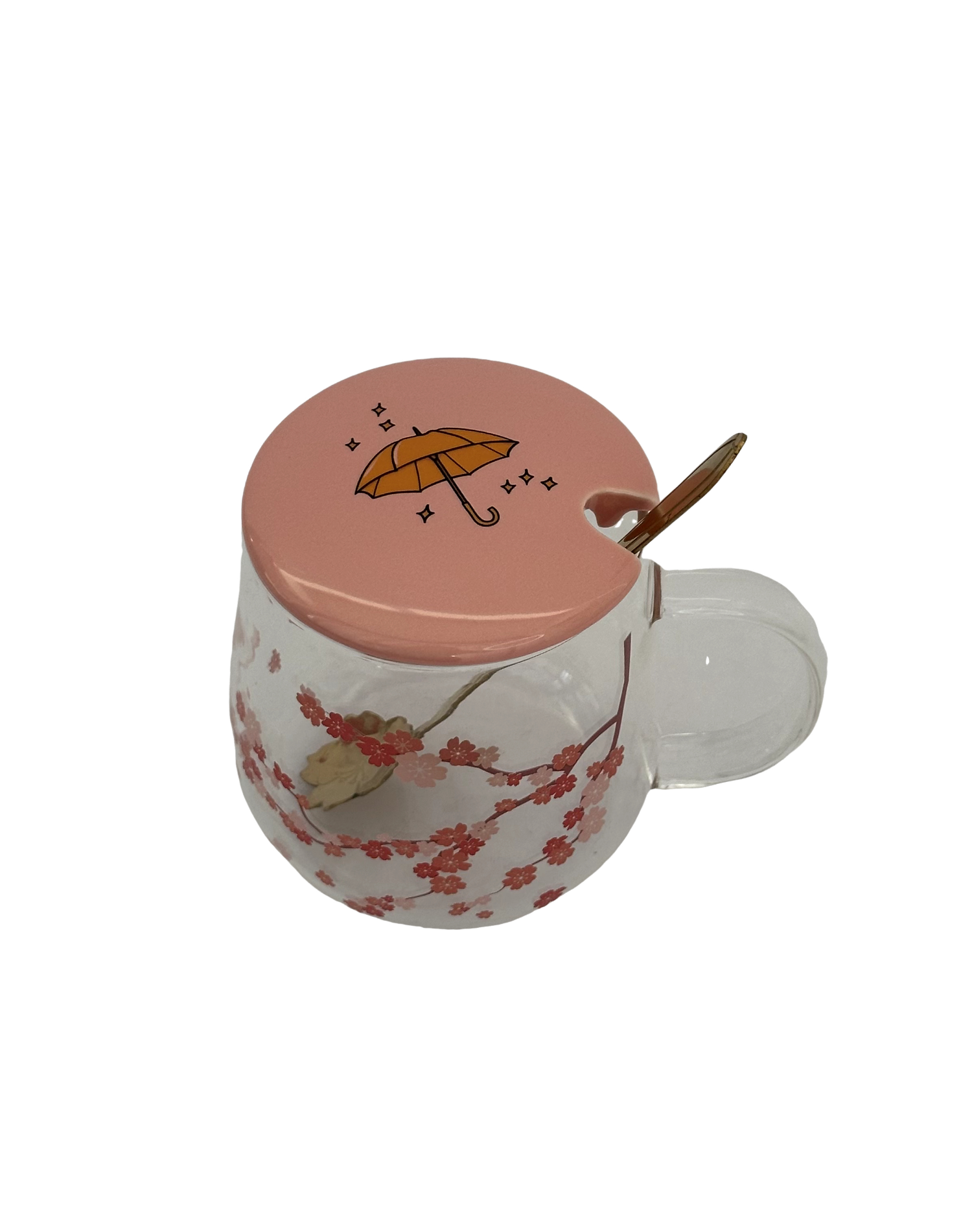 CANECA DE VIDRO DORAMEIRA COM TAMPA E COLHER SAKURA 500ML - WOLFF