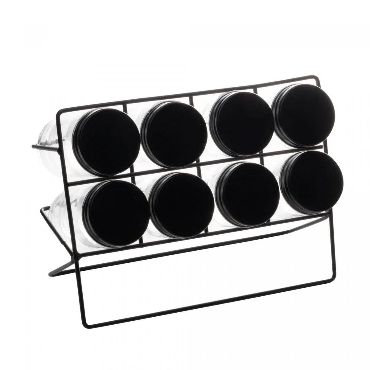 KIT 8 POTES VIDRO BOROSSILICATO P/ TEMPEROS C/TAMPA E SUPORTE PRETO - LYOR