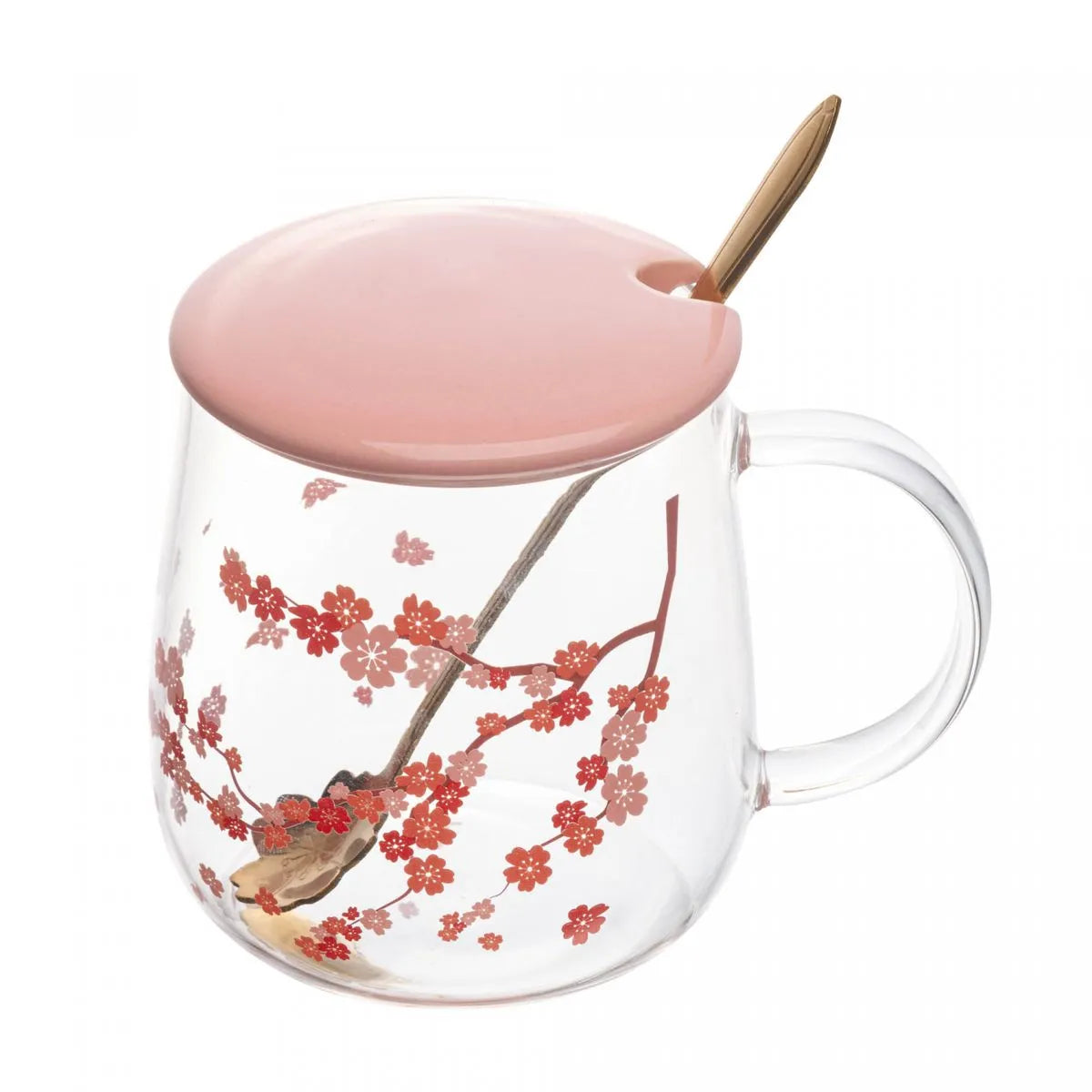 CANECA DE VIDRO DORAMEIRA COM TAMPA E COLHER SAKURA 500ML - WOLFF