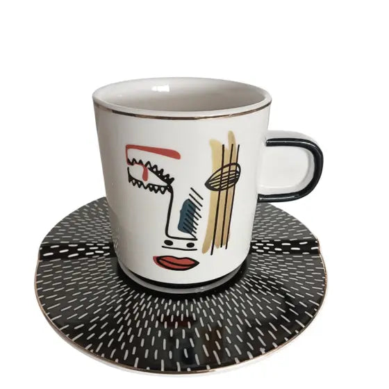 JOGO CAFÉ FACES EM NEW BONÉ CHINA COM BORDA DOURADA C/ 8 PÇS 100ML - FULL FIT