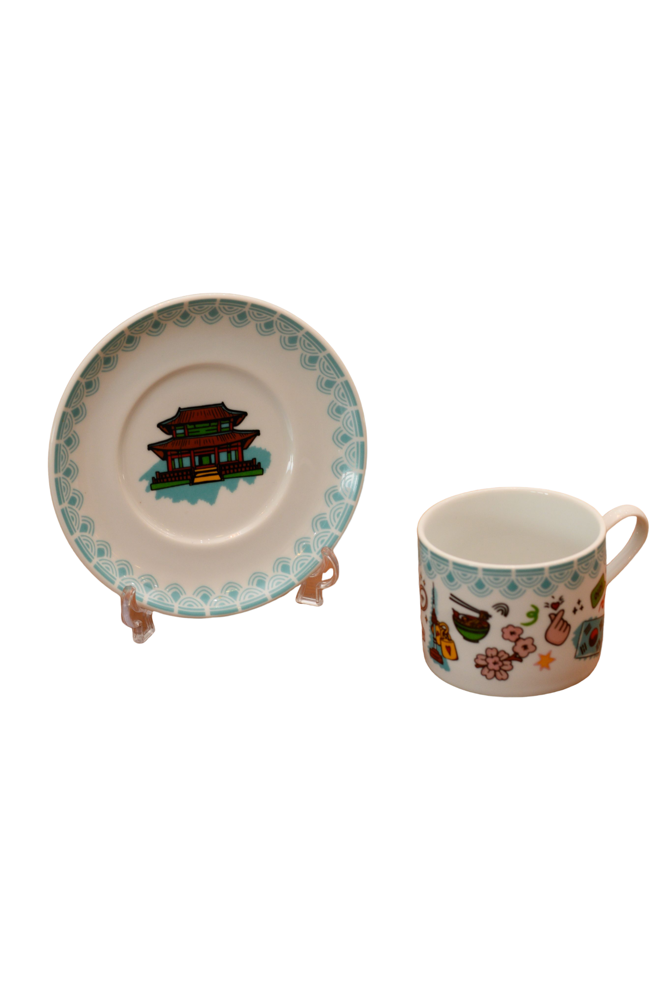 XICARA DE CHÁ EM CERÂMICA COREANA ACABAMENTO AZUL ESTAMPA DIVERSA C/ PIRES 230ML  SHIMIDT