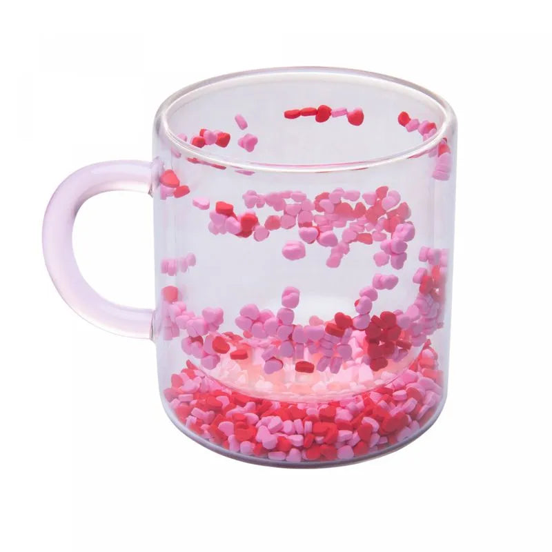 CANECA PAREDE DUPLA DE VIDRO BOROSSILICATO COM ALCA ROSA HEART 300ML - LYOR