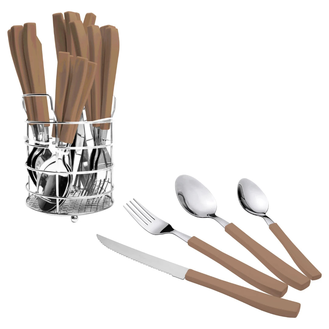 JOGO DE TALHERES ESTAI EM AÇO INOX COM CABO PLÁSTICO MARROM C/ 25 PÇS- FULL FIT