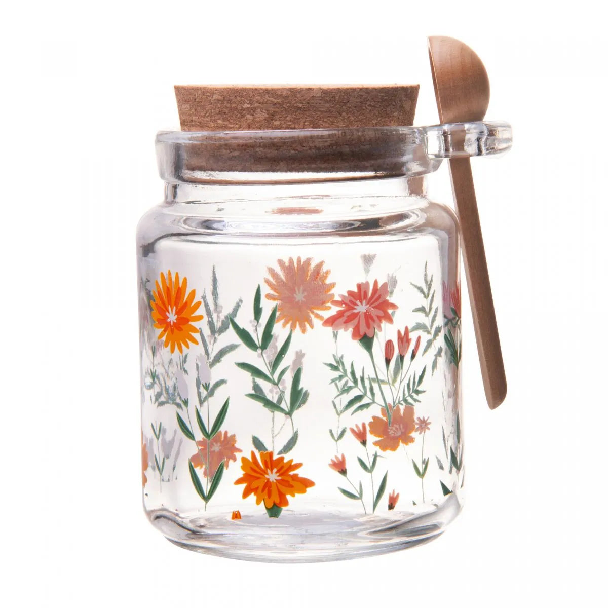 POTE REDONDO DE VIDRO COM TAMPA E COLHER DE BAMBU FLORA 240ML - LYOR