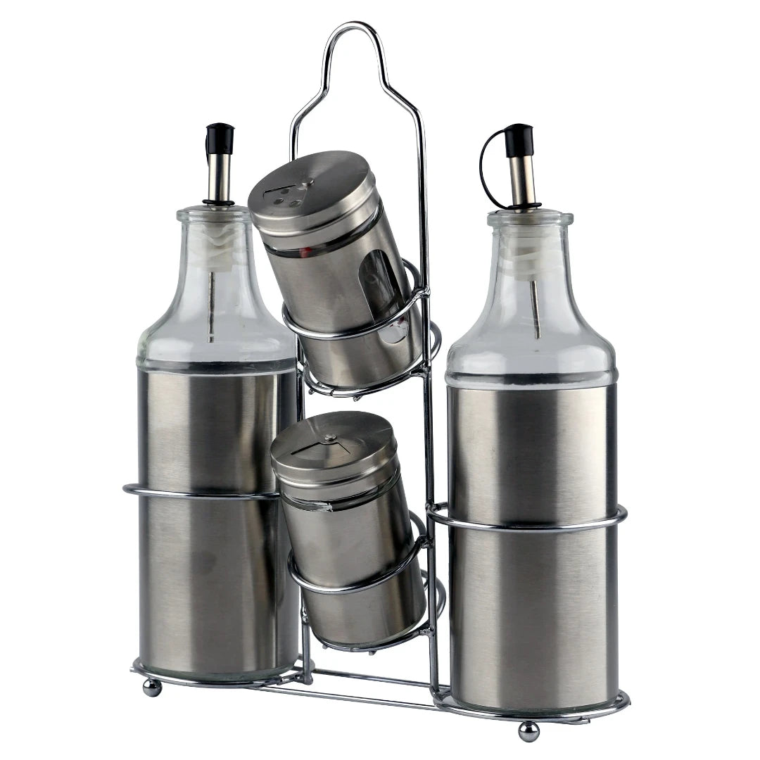 KIT 2 GALHETEIROS E 2 PORTA CONDIMENTOS EM VIDRO C/ SUPORTE EM INOX 8X21X26,8CM - FULL FIT