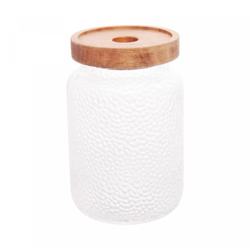POTE DE VIDRO MARTELADO COM TAMPA DE ACACIA PETRA 700ML - LYOR