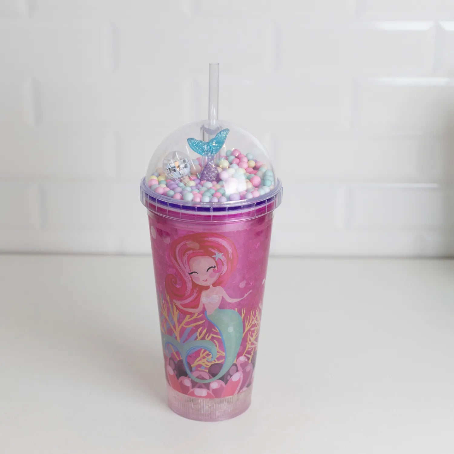 COPO DECORATIVO DE PLASTICO COM CANUDO E LUZ LED SEREIA 460ML - LYOR