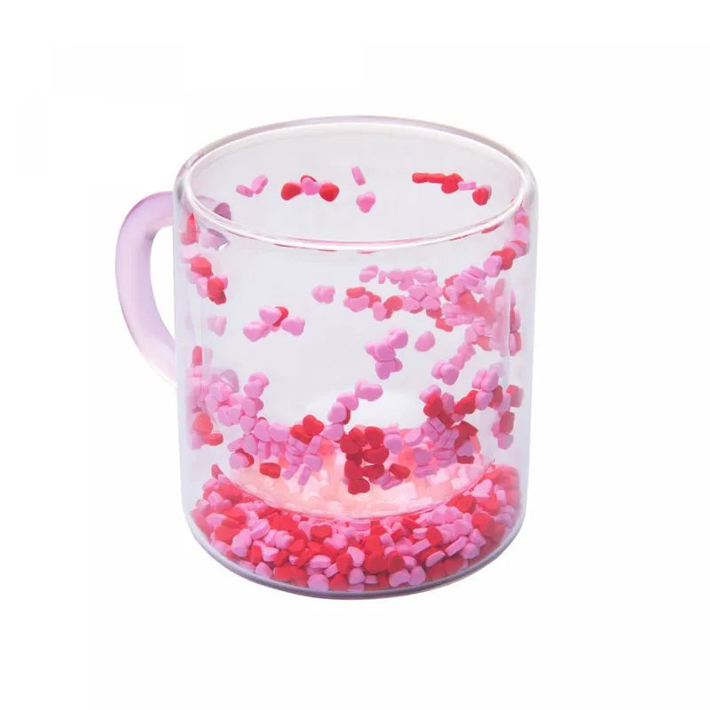 CANECA PAREDE DUPLA DE VIDRO BOROSSILICATO COM ALCA ROSA HEART 300ML - LYOR