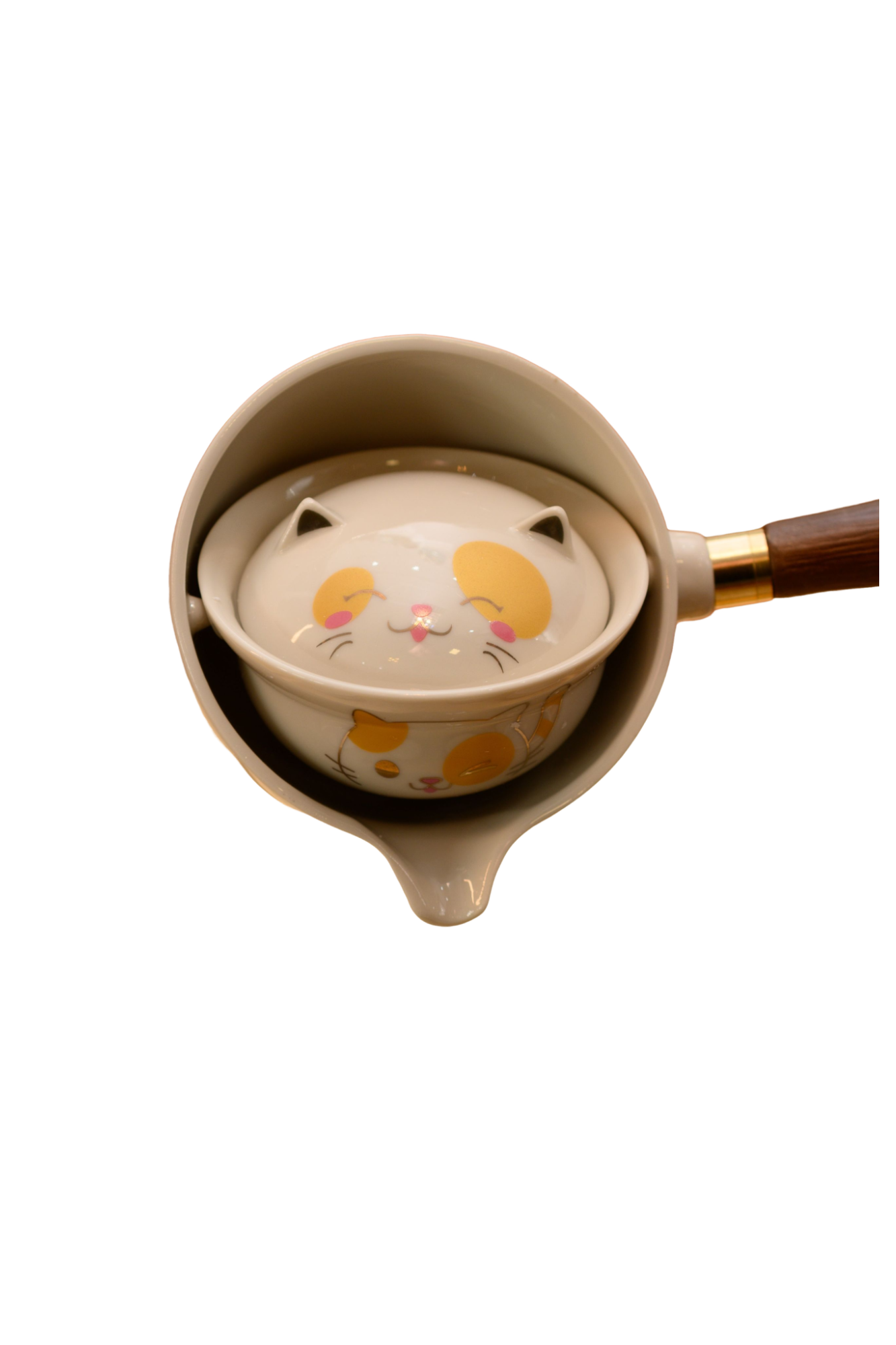 CONJUNTO DE CHÁ BRANCO GIRATÓRIO CHINÊS/JAPONES CABO DE MADEIRA C/ ESTAMPA GATINHO AMARELO DBL – 5PÇS