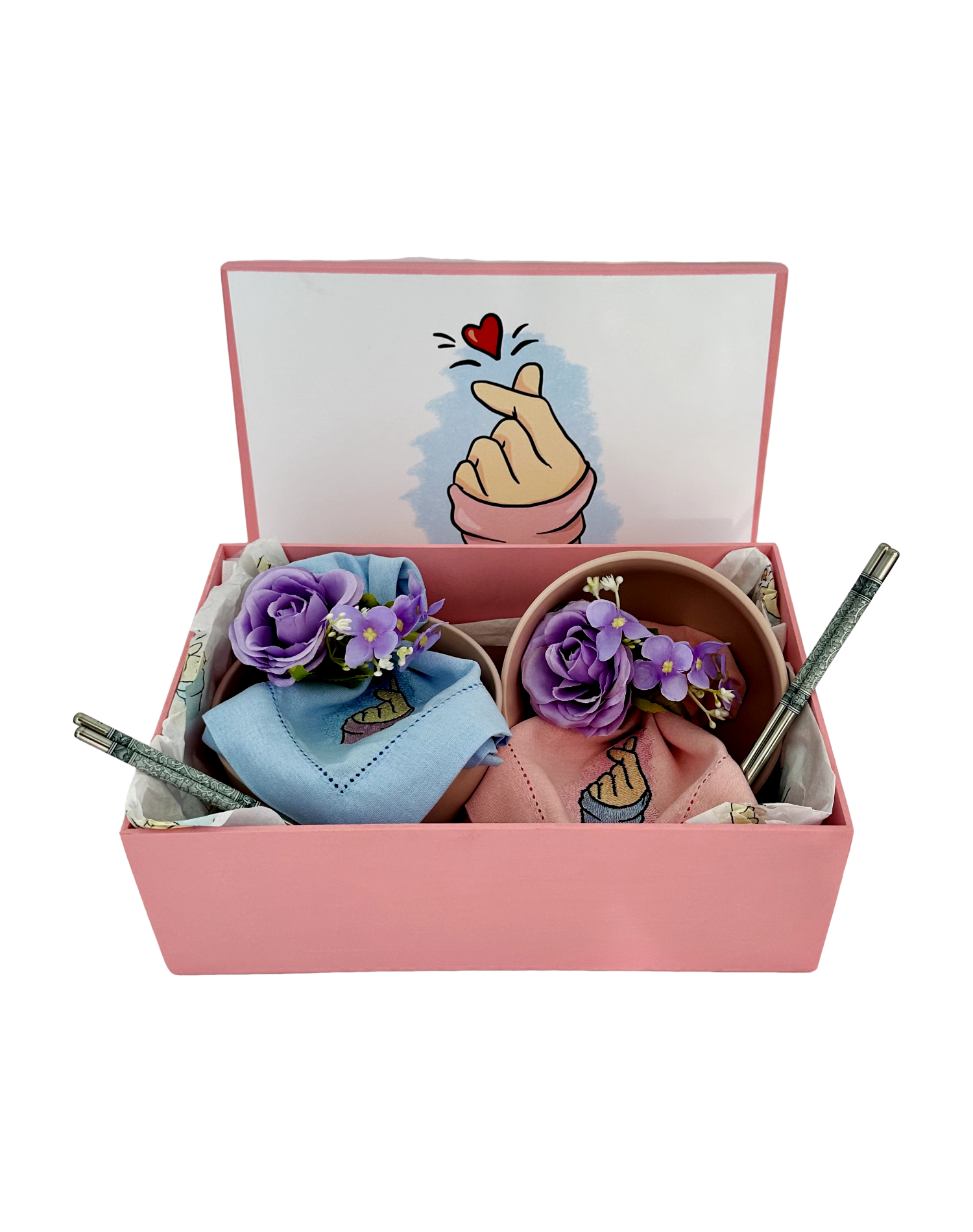 KIT DORAMEIRA C/CAIXA PERSONALIZADA MDF 2 BOWLS ROSA E 2 GUARDANAPOS C/ FLOR ROSA - DBL - DBL