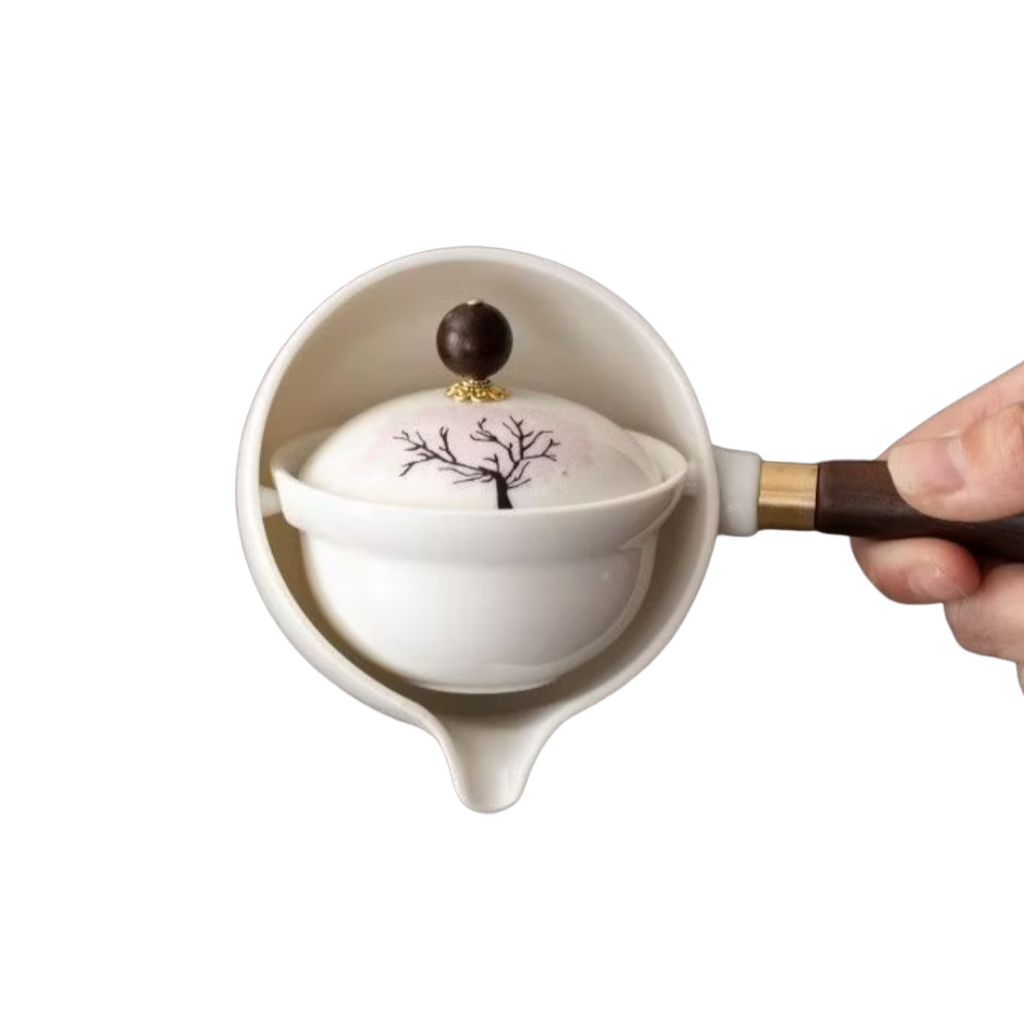 BULE DE CHÁ BRANCO GIRATÓRIO CHINÊS/JAPONES CABO DE MADEIRA C/ ESTAMPA PRETA DBL