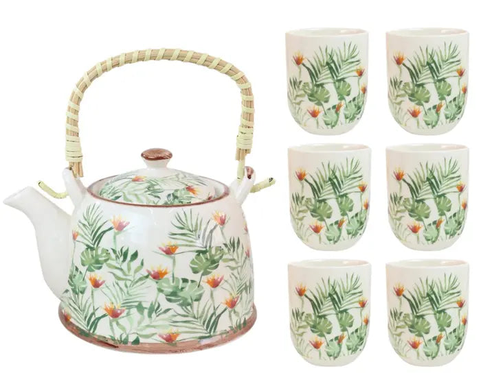 KIT BULE CHALEIRA ORIENTAL DECORATIVA BRANCO COSTELA DE ADÃO C/ COPOS E INFUSOR - DBL 7PÇS