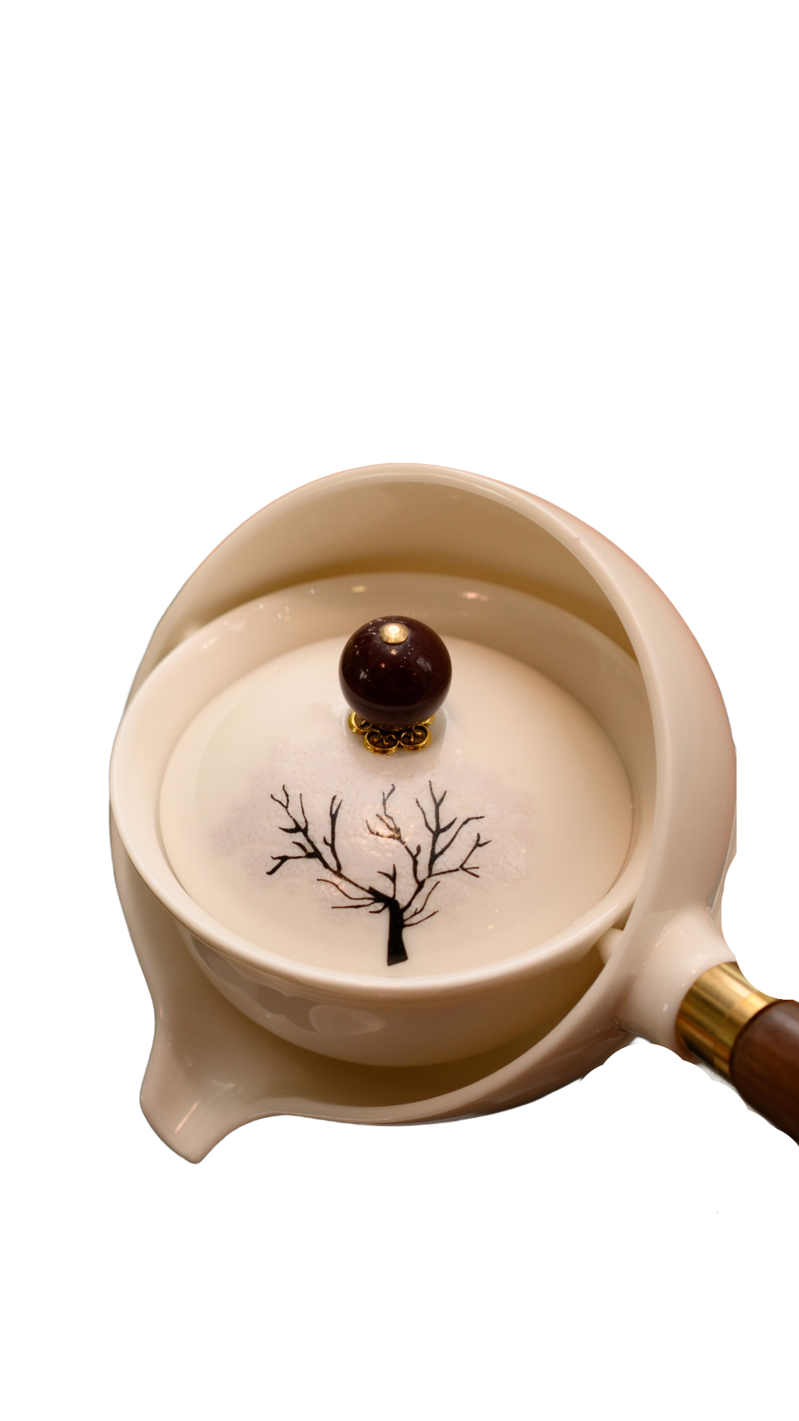 BULE DE CHÁ BRANCO GIRATÓRIO CHINÊS/JAPONES CABO DE MADEIRA C/ ESTAMPA PRETA DBL