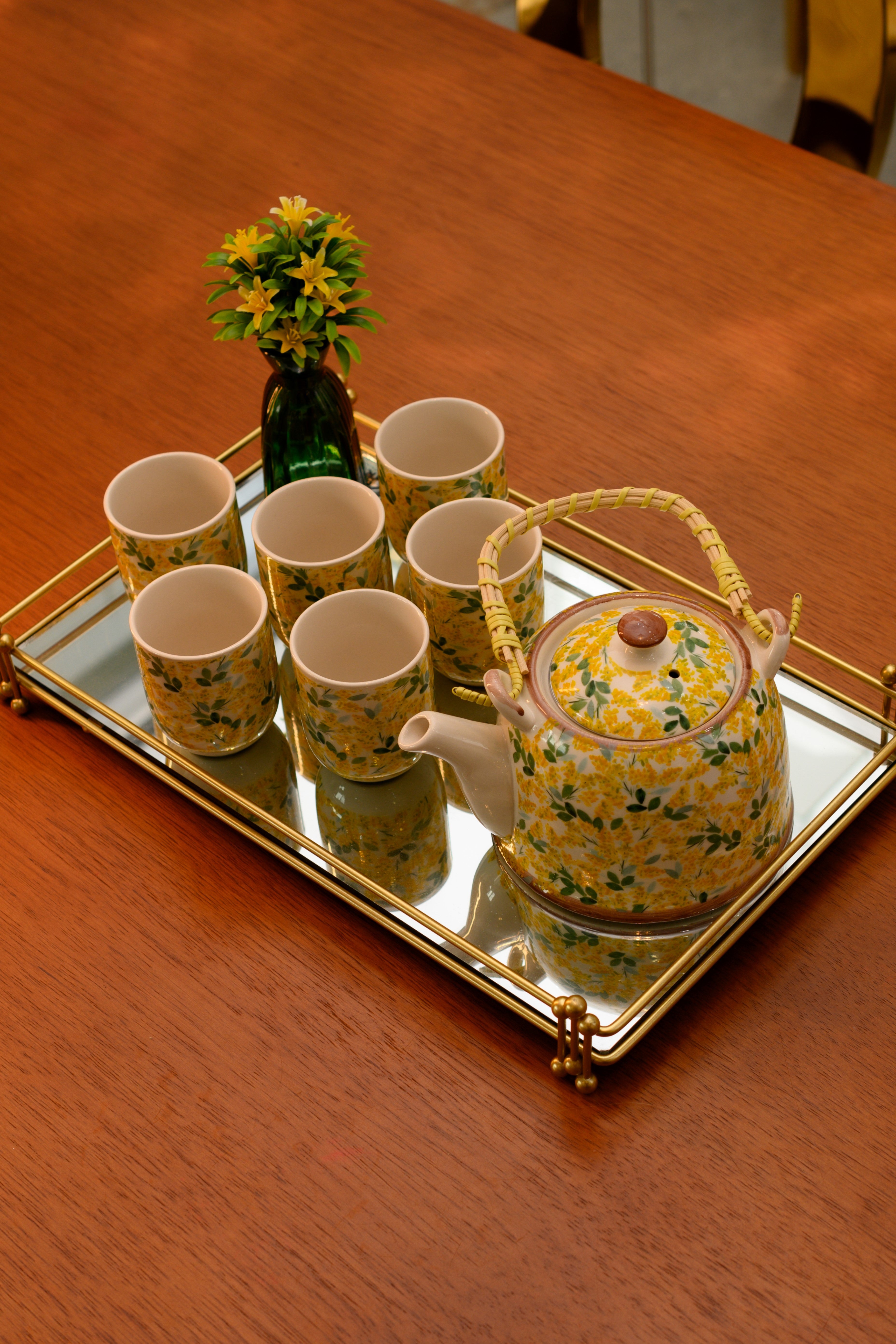 KIT COREANO BULE DE CERÂMICA COPO FLOR DE CEREJEIRA AMARELO C/ BANDEJA ESPELHADA 09PÇS - DBL