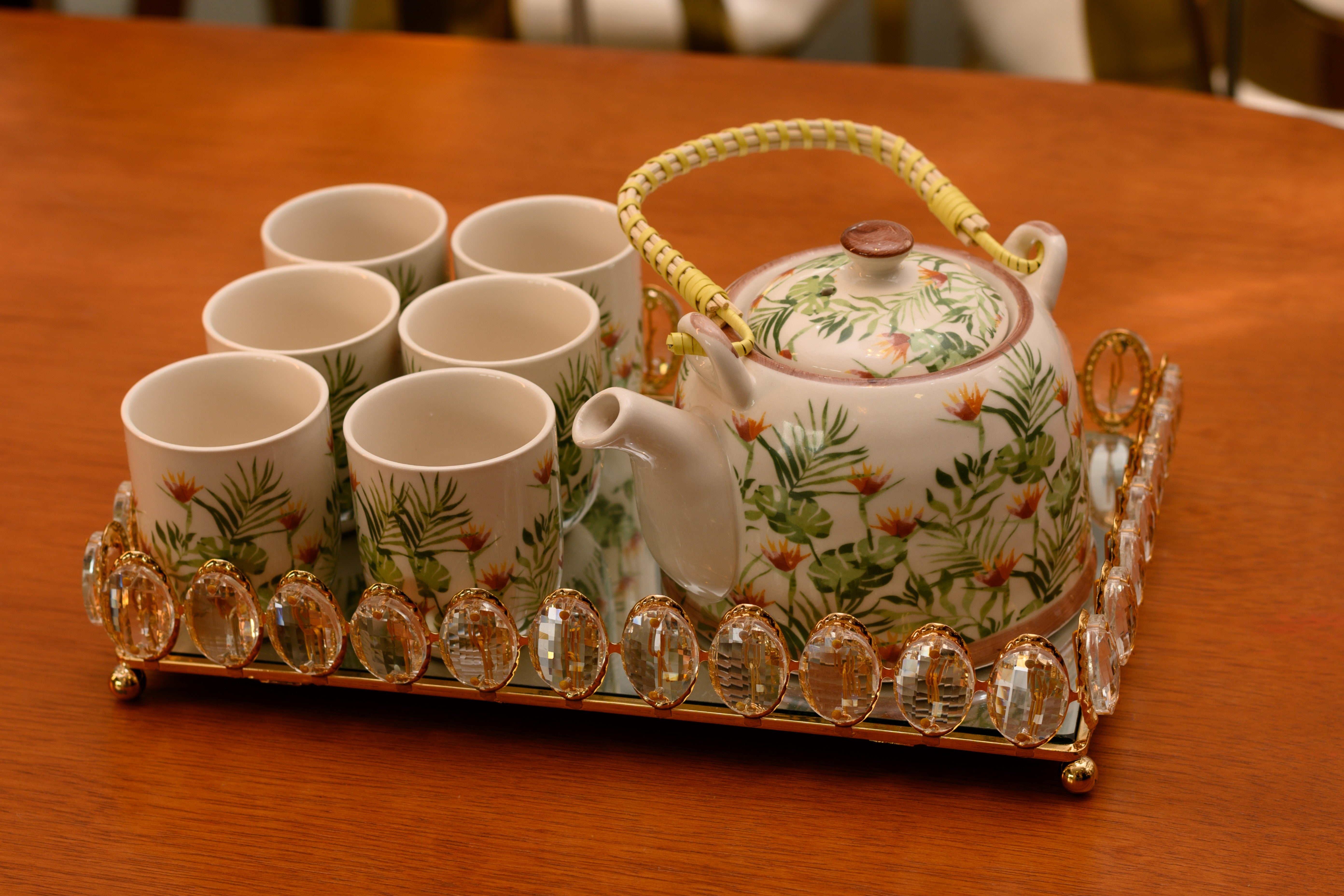 KIT COREANO JOGO DE BULE E COPOS DE CERÂMICA COSTELA DE ADÃO 08PÇS -  DBL