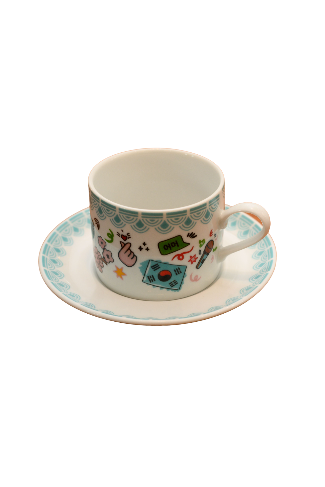 XICARA DE CHÁ EM CERÂMICA COREANA ACABAMENTO AZUL ESTAMPA DIVERSA C/ PIRES 230ML  SHIMIDT