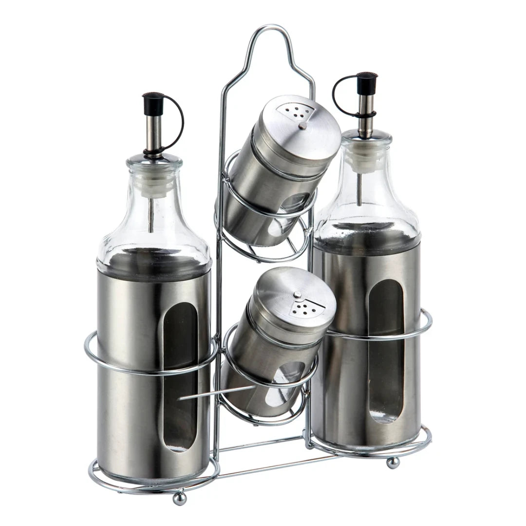 KIT 2 GALHETEIROS E 2 PORTA CONDIMENTOS EM VIDRO C/ SUPORTE EM INOX 8X21X26,8CM - FULL FIT