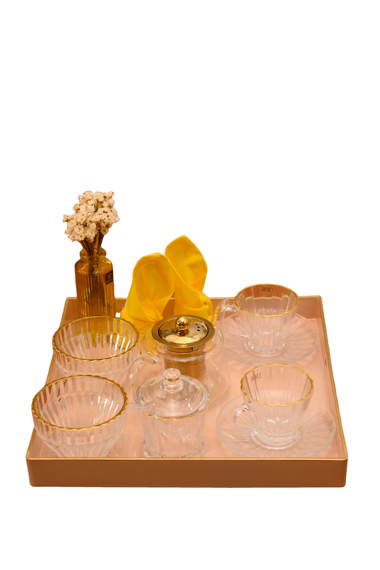 KIT COREANO CHALEIRA INFUSOR XICARAS BOWL E AÇUCAREIRO C/ BORDAS EM OURO BANDEJA PLASTICA 10PÇS – DBL