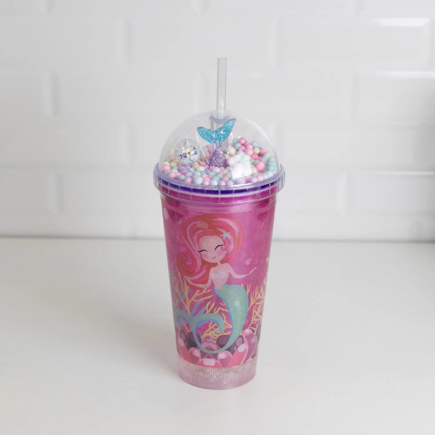 COPO DECORATIVO DE PLASTICO COM CANUDO E LUZ LED SEREIA 460ML - LYOR