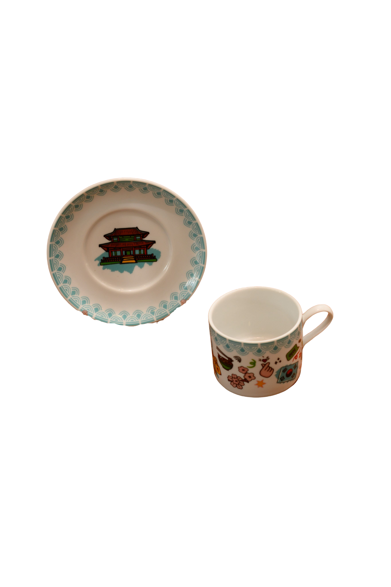 XICARA DE CHÁ EM CERÂMICA COREANA ACABAMENTO AZUL ESTAMPA DIVERSA C/ PIRES 230ML  SHIMIDT