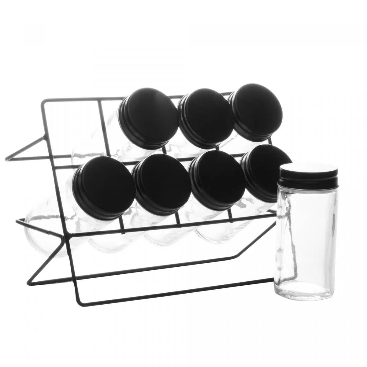 KIT 8 POTES VIDRO BOROSSILICATO P/ TEMPEROS C/TAMPA E SUPORTE PRETO - LYOR