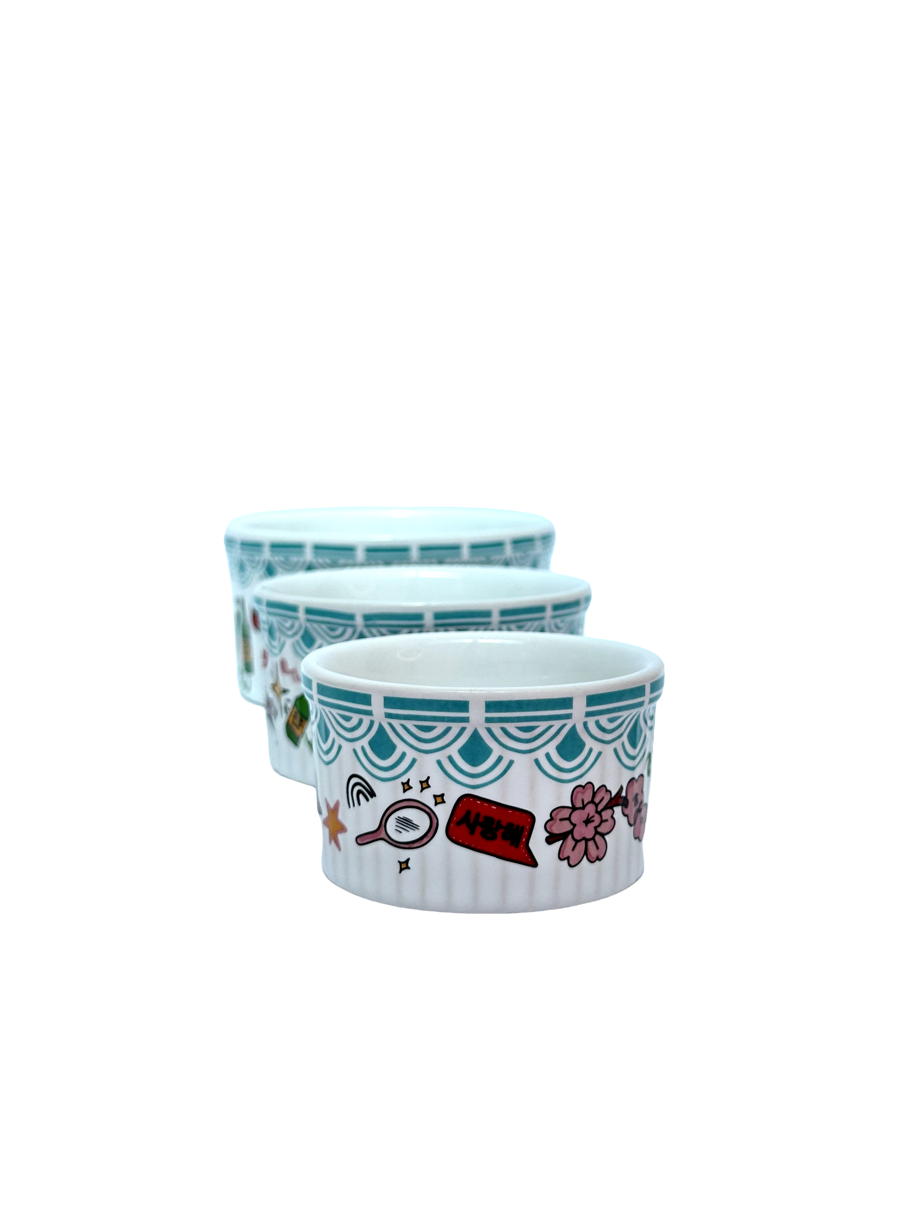 KIT 3 RAMEQUIM COREANO CERÂMICA DETALHE AZUL C/ ESTAMPA DE FLORES SHIMIDT 50/100/150ML - DBL