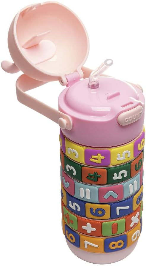 GARRAFA INFANTIL DE PLASTICO EDUCATIVA COM TABUADA E TAMPA COELHO ROSA 500ML - WOLFF