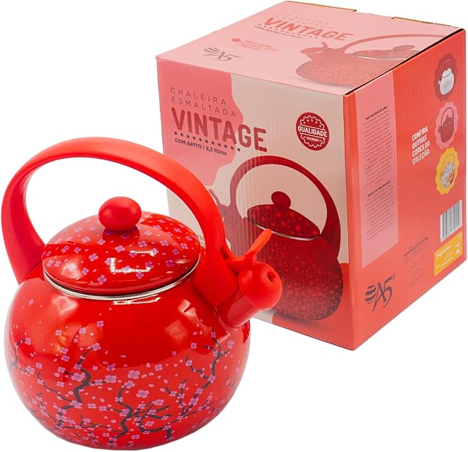 CHALEIRA ESMALTADA VINTAGE VERMELHO C/INDUÇÃO 2,2L - A5 IMPORTADORA