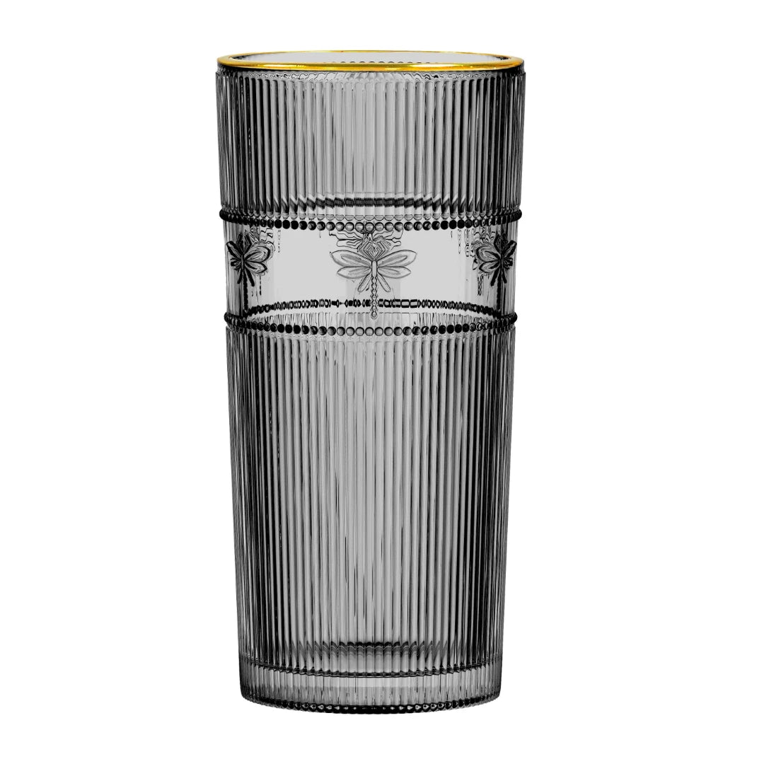 JOGO COPOS ALTOS LIBÉLULA EM VIDRO CINZA COM BORDA DOURADA C/ 6 PÇS 350ML - FULL FIT