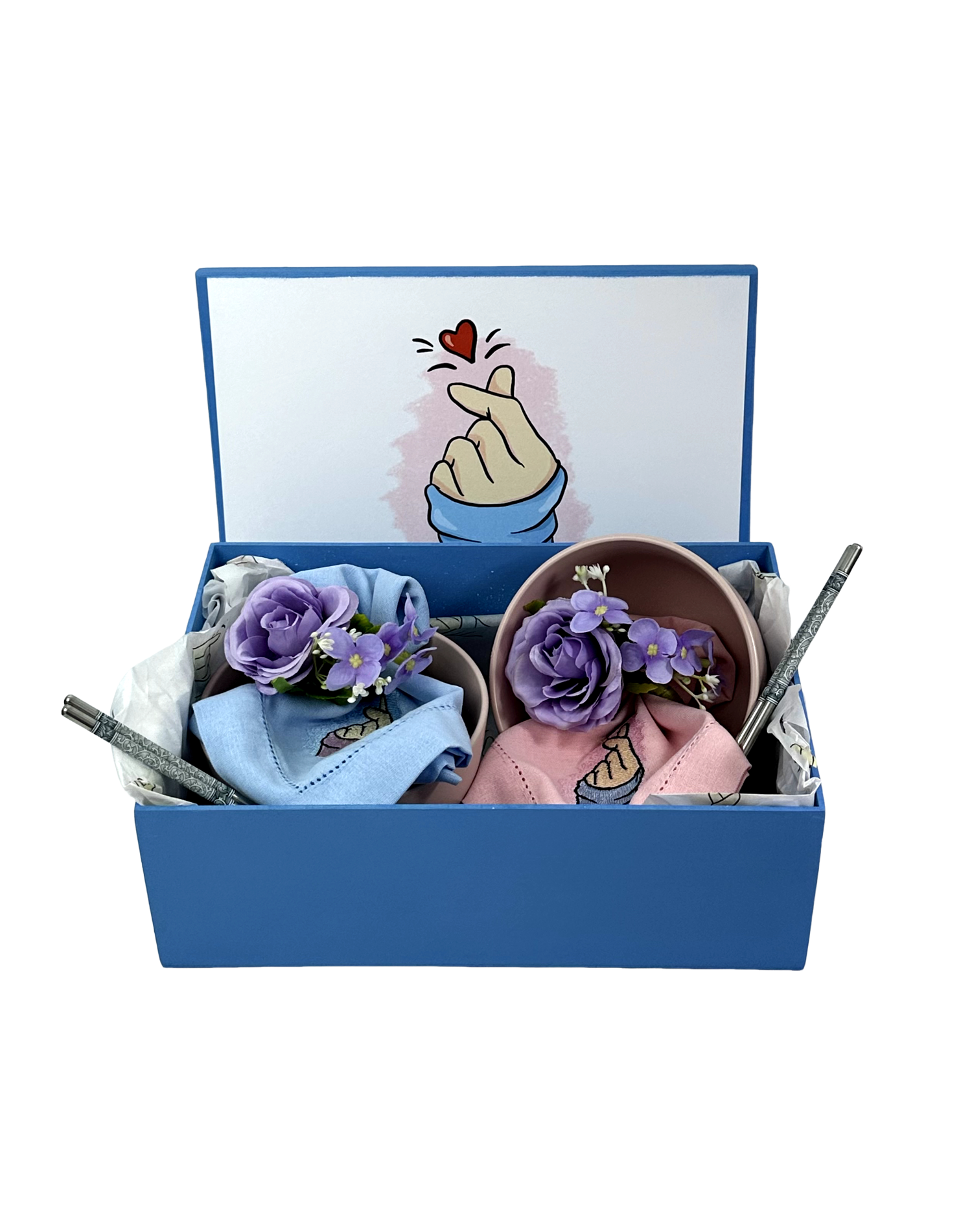 KIT DORAMEIRA C/CAIXA PERSONALIZADA MDF 2 BOWLS ROSA E 2 GUARDANAPOS C/ FLOR AZUL - DBL - DBL