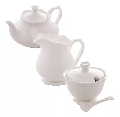 JOGO BULE+AÇUCAREIRO+LEITERA DE PORCELANA DE CAFÉ ALTO RELEVO BRANCO 780ML - WOLFF