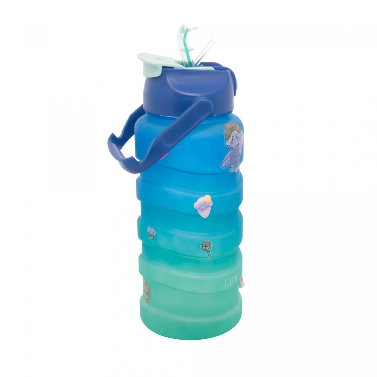 GARRAFA SQUEEZE DE POLICARBONATO WAVE AZUL E VERDE COM CARTELAS DE ADESIVOS 2L - LYOR