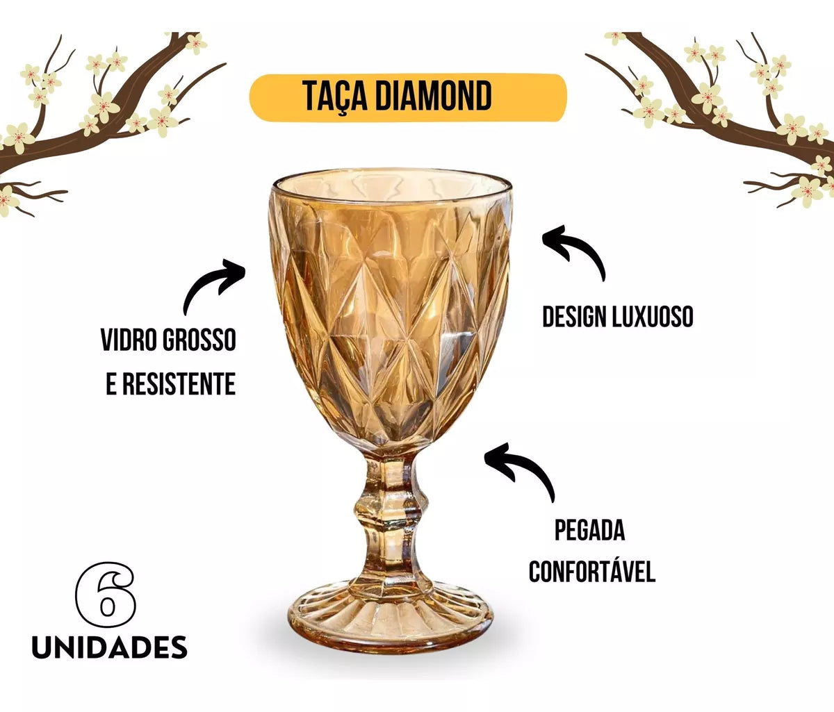 TACA PARA AGUA AMBAR C/ 6 PÇS 325ML - LYOR