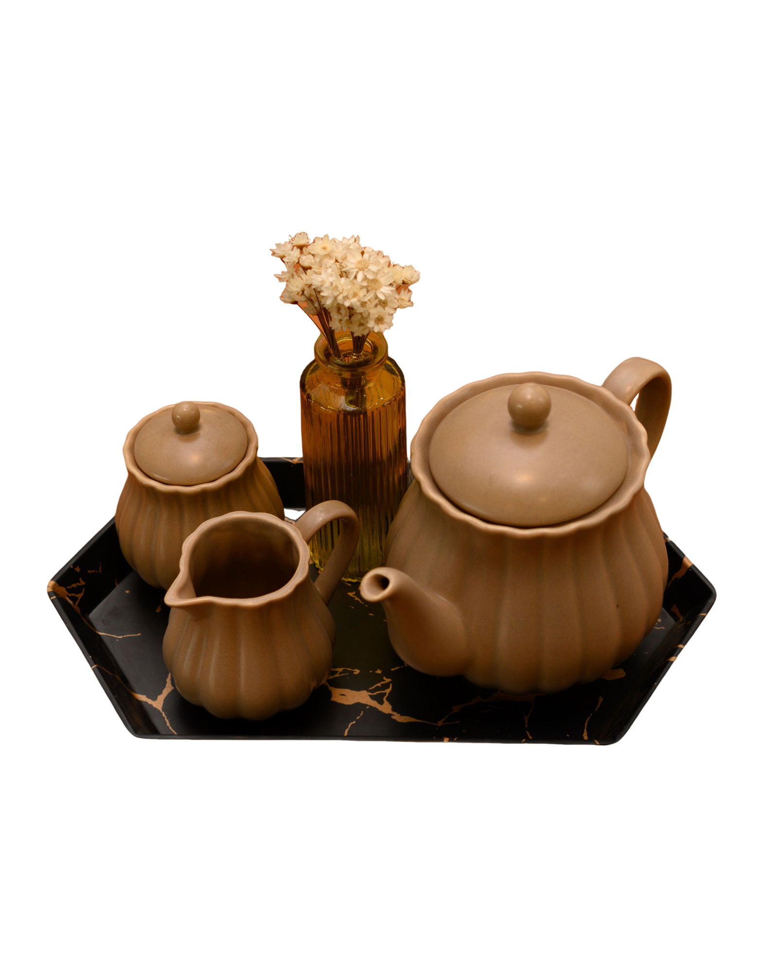 KIT COREANO CONJUNTO EM PORCELANA AREIA C/ BANDEJA GEOMÉTRICA PRETA 5PÇS - DBL