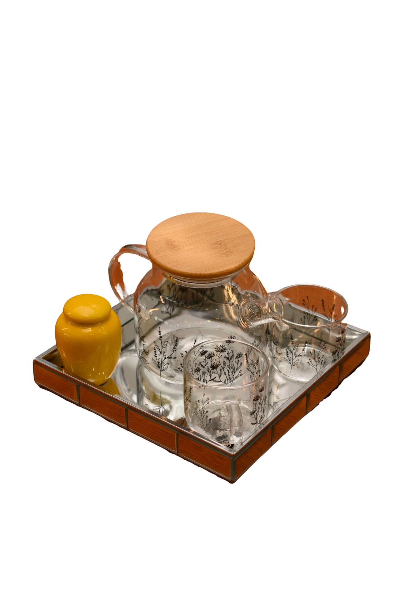 KIT COREANO CHALEIRA DE VIRO TAMPA DE BAMBU C/DETALHES DE FLOR PRETA CANECA DE VIDRO RESISTENTE AO CALOR 5PÇS - DBL