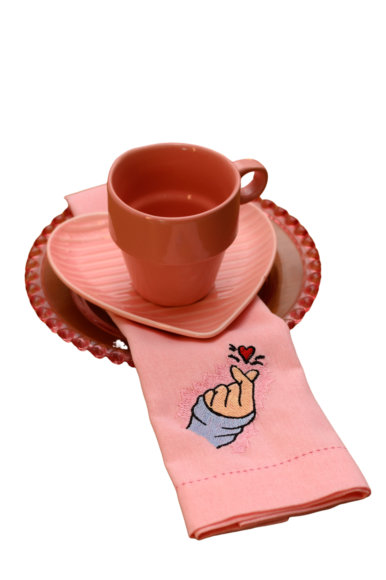 KIT DORAMA PRESENTEAR XICARA CERÂMICA ROSA EMPILÁVEL PIRES CORAÇÃO ROSA C/ PRATO SOBREMESA CRISTAL CHUMBO 04PÇS – DBL