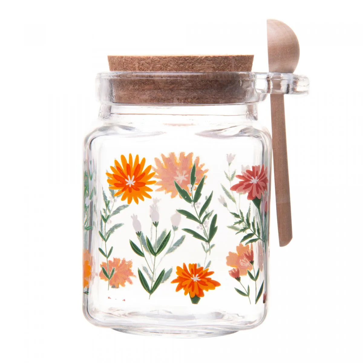 POTE QUADRADO DE VIDRO COM TAMPA E COLHER DE BAMBU FLORA 270ML - LYOR