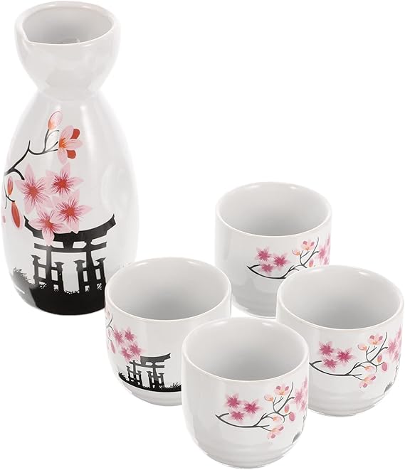 KIT COREANO SOJU BRANCO C/ FLORES ROSAS DETALHES EM PRETO DBL - 5PÇS